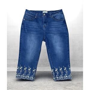 Sandpiper Capri Blue Jeans Women’s Size 12 Petite Embroidered Floral Beach BOHO